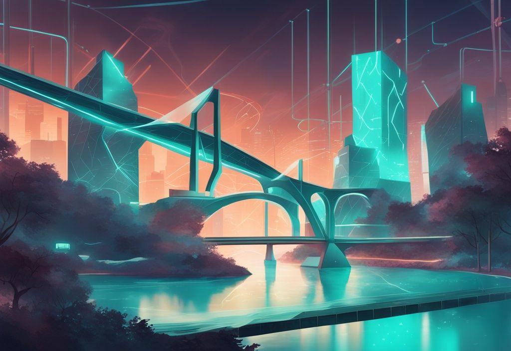 Illustration numérique moderne montrant un pont ETH à Solana luminescent reliant les tokens Ethereum et Solana sur un paysage numérique, thème de couleur principale teal.