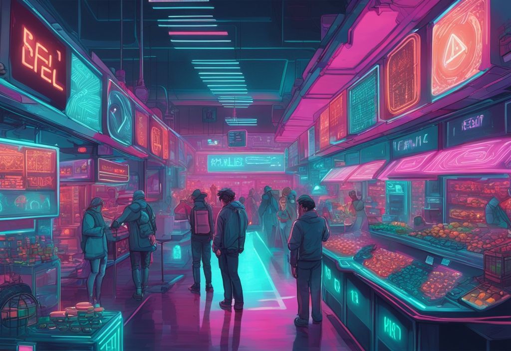 Illustration numérique futuriste d'un marché digital néon avec échanges de cryptomonnaies, mettant en avant Solana Dex, thème couleur teal